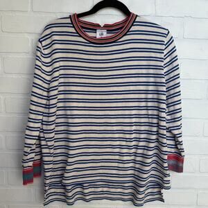 CAbi Women's Blue and Cream MultiColored Hem Striped 3/4 Sleeve Sweater sz M